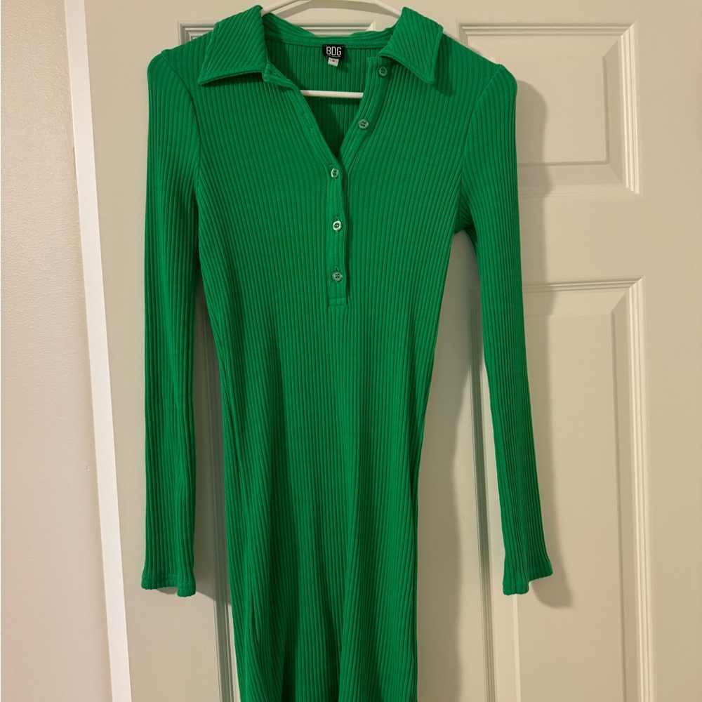 BDG Green Ribbed Long Sleeve Dress